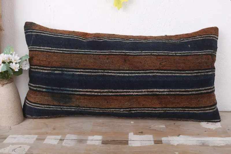 Vintage Kilim Pillow, Turkish Kilim Pillow, Shabby Chic Pillow Cover, 12x24 Blue Pillow Sham, Interior Designer Pillow, Pillow Case - 2