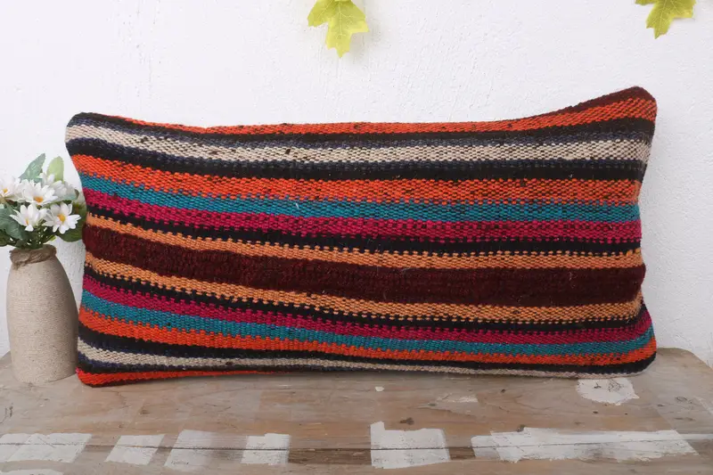 Boho Pillow, Vintage Pillow, Accent Throw Cushion Case, Outdoor Patio Cushion, 12x24 Orange Pillow Sham, Pillow Cover, Kilim Cushion Sham - 2
