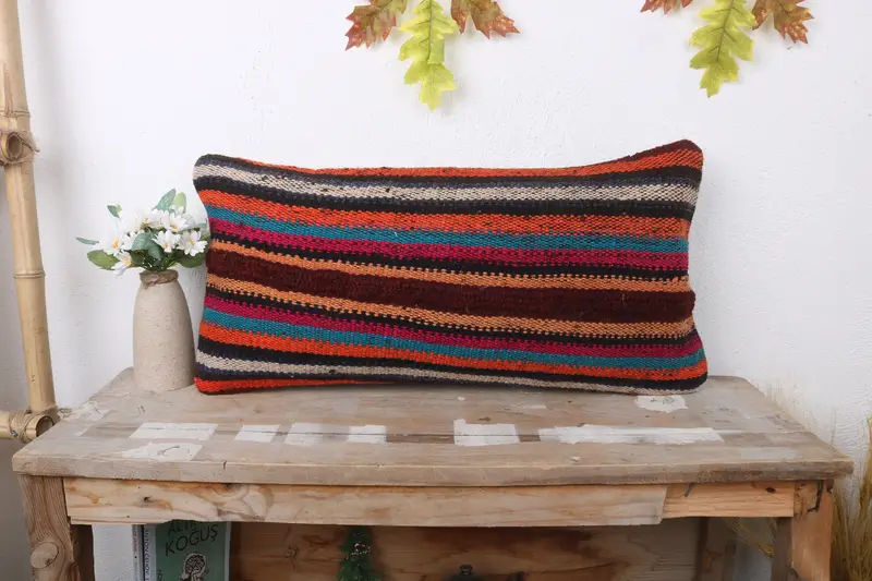 Boho Pillow, Vintage Pillow, Accent Throw Cushion Case, Outdoor Patio Cushion, 12x24 Orange Pillow Sham, Pillow Cover, Kilim Cushion Sham - 1