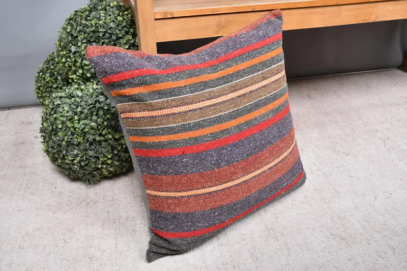 Pillow Case, 20x20 Gray Pillow Sham, Boho Throw Cushion Case, Interior Designer Pillow, Turkish Pillow, Ethnical Kilim Rug Pillow - 7