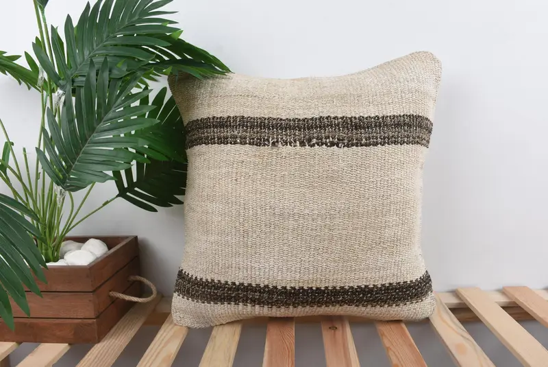 Beige & Brown Striped Throw Pillow, Embroidered Linen Cushion