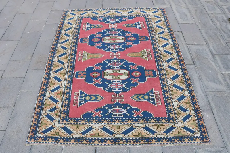 Türkischer Oushak-Teppich 5,6 x 7,8 Fuß, rot-blauer Ikat-Woll-Vintage-Teppich - 1