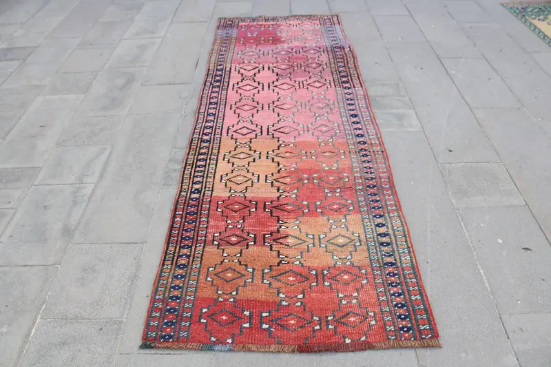 Vintage Oushak Teppich 3x8,7 ft, rot-blauer türkischer Wollteppich - 1