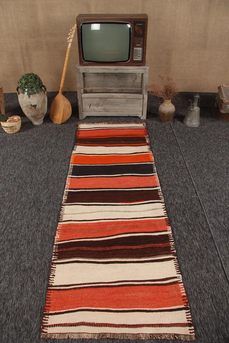 Vintage Runner Halı 2,6x7,3 ft, Kırmızı Kahverengi Paisley Halı Yün - 1