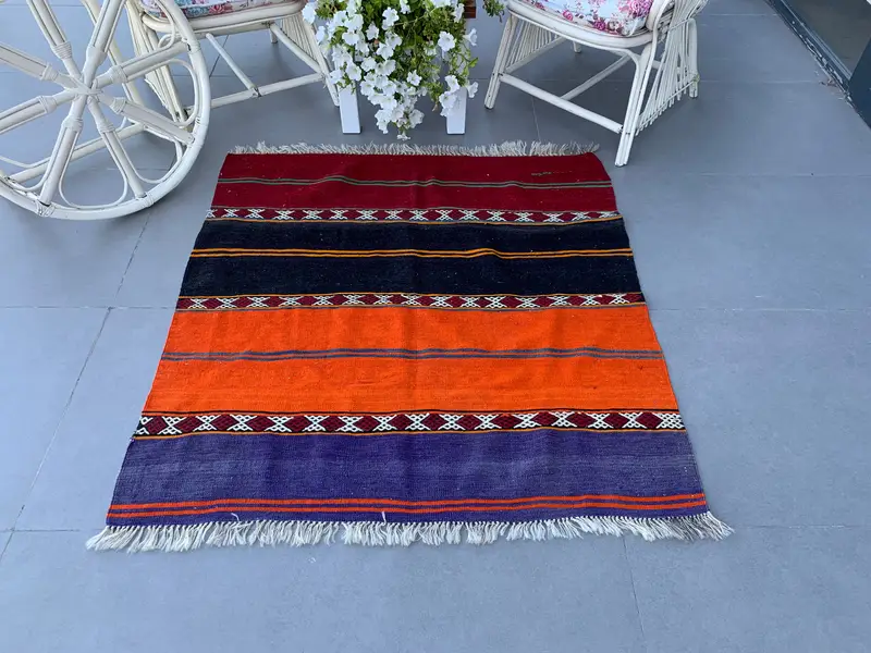 Turkish Vintage Rug, Accent 4x4.2 ft (122x129 cm) Rug, Orange Oriental Wool Rug - 1