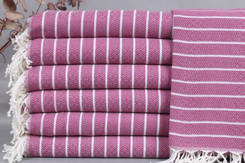 Organic Beach Towel Striped Purple Beige, Handmade Turkish Cotton, 40x71 Inches