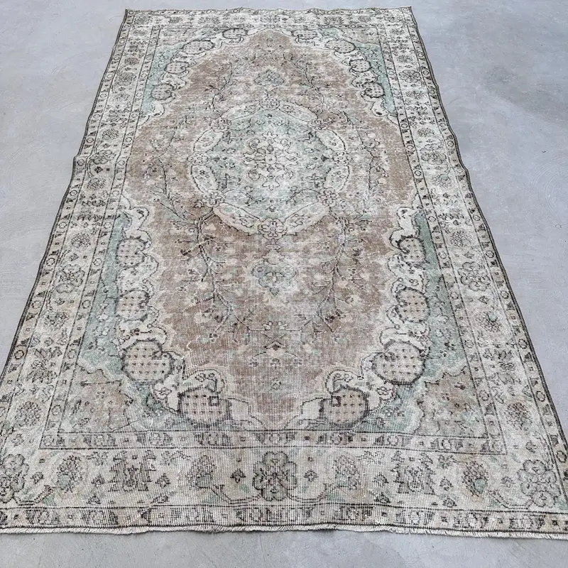 Turkish Vintage Oversize Rug 5.3x9.1 ft, Gray Blue Striped Rug - 1