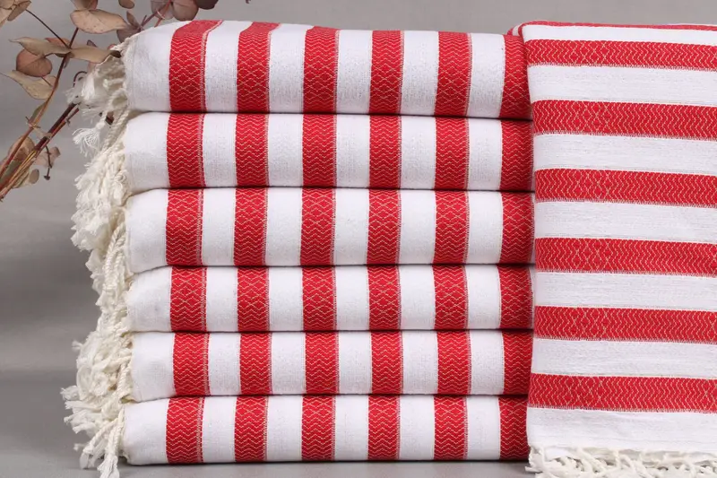 Organic Beach Towel Red Stripes, Turkish Cotton, Beige, 36x71 Inches