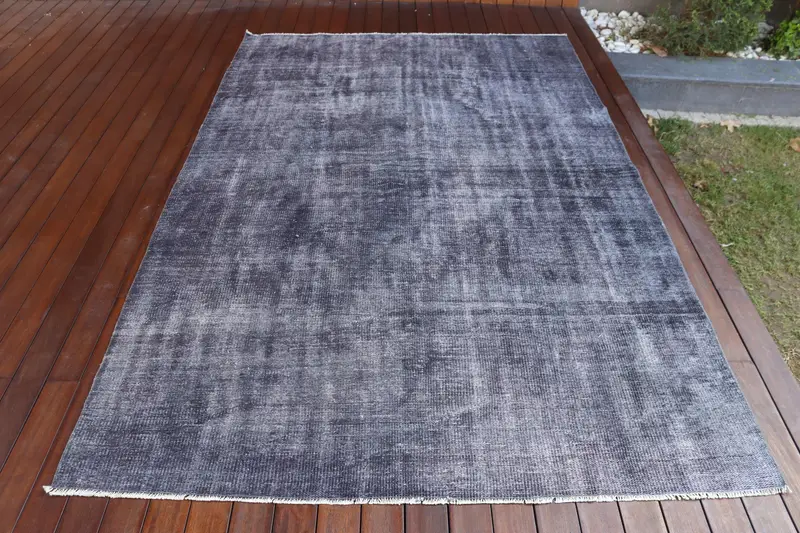 Turkish Vintage Oushak Large Rug 5.4x8.5 ft, Gray Bordered Rug Wool - 1