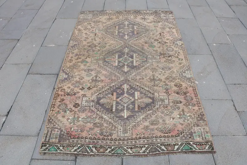 3.9x6.4 ft Area Vintage Rug, Turkish Rug, Brown Blue Moroccan Wool Rug - 1