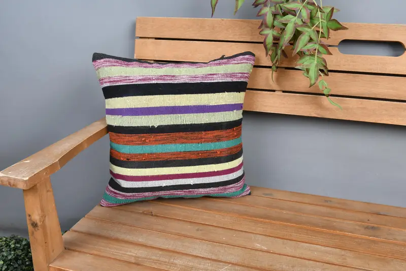 Boho Pillow Sham Cover, Bolster Throw Pillow Cover, 16x16 Purple Pillow Case, Ethnical Kilim Rug Pillow, Home Decor Pillow, Cushion - 1