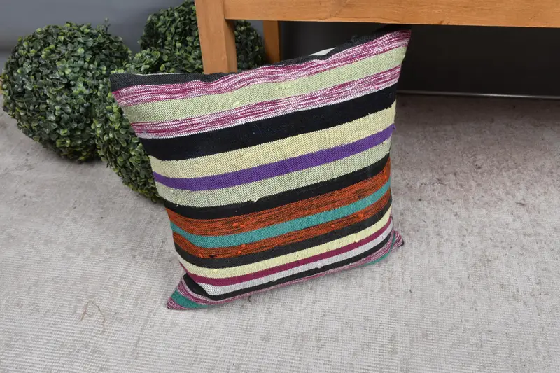 Boho Pillow Sham Cover, Bolster Throw Pillow Cover, 16x16 Purple Pillow Case, Ethnical Kilim Rug Pillow, Home Decor Pillow, Cushion - 7
