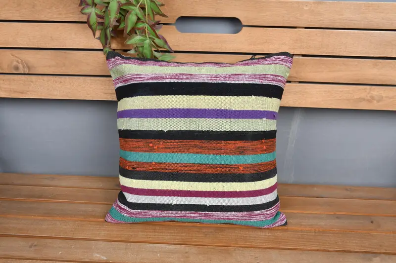 Boho Pillow Sham Cover, Bolster Throw Pillow Cover, 16x16 Purple Pillow Case, Ethnical Kilim Rug Pillow, Home Decor Pillow, Cushion - 6