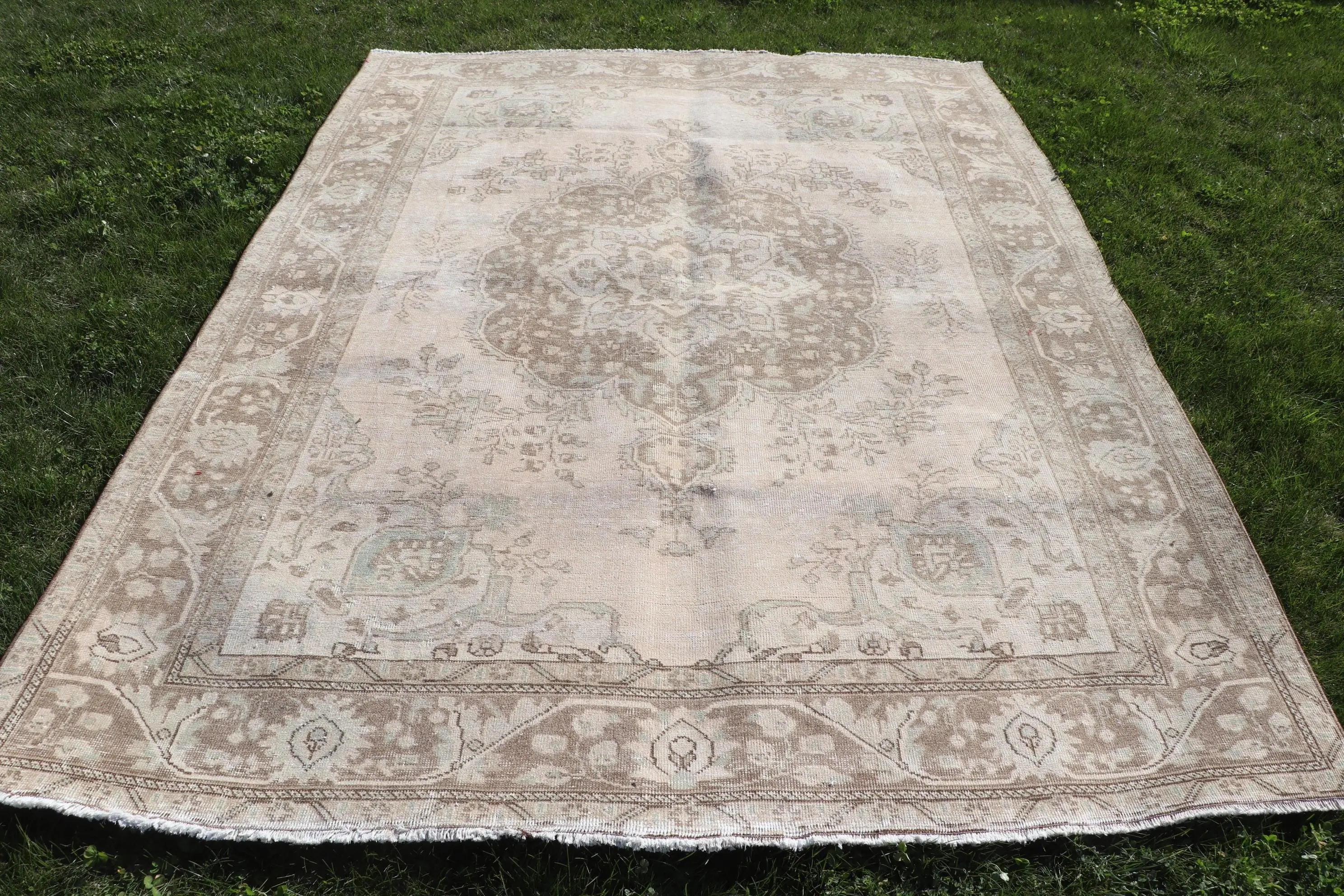 Kahverengi Soyut Halı, Yeşil Desenli 6,6x9,3 ft - 1