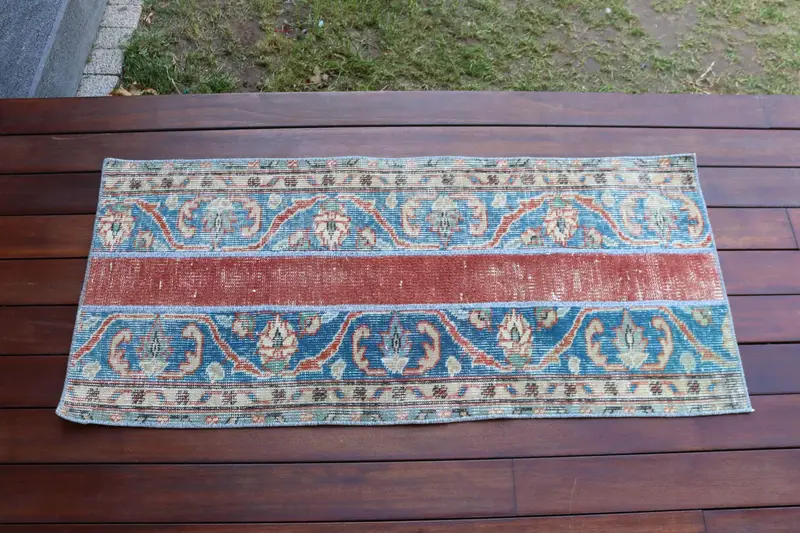 Alfombra turca de 1,7x3,8 pies, alfombra vintage pequeña, alfombra de lana maciza azul - 1
