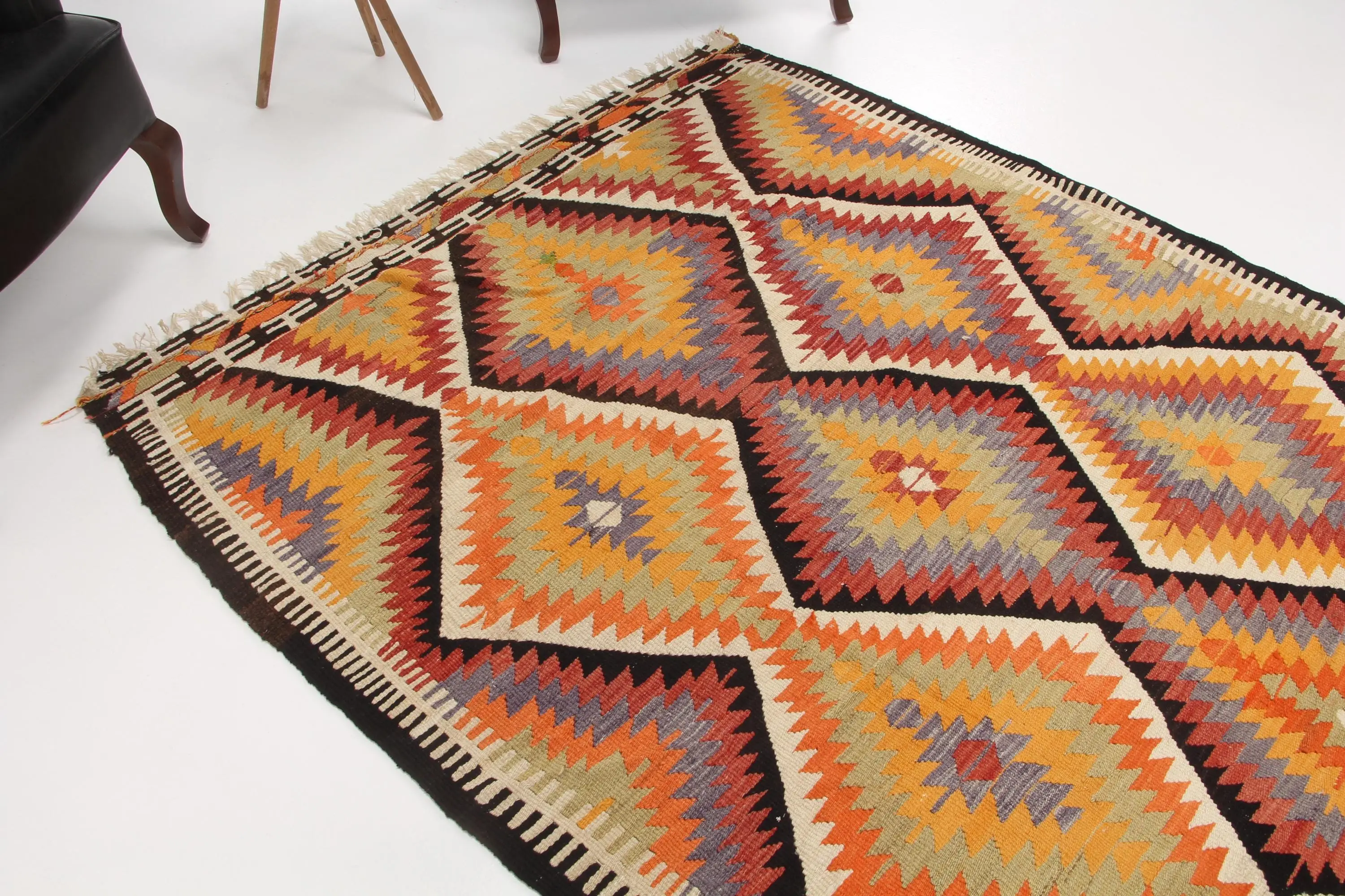 4.9x7.5 ft Türk Halısı, Vintage Alan Halısı, Turuncu Gri Çiçekli Yün Halı - 1