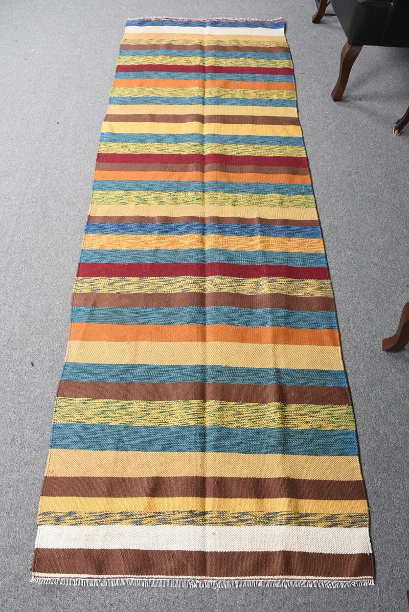 Alfombra Ombré amarilla, 2,7x8,5 pies con detalles en azul