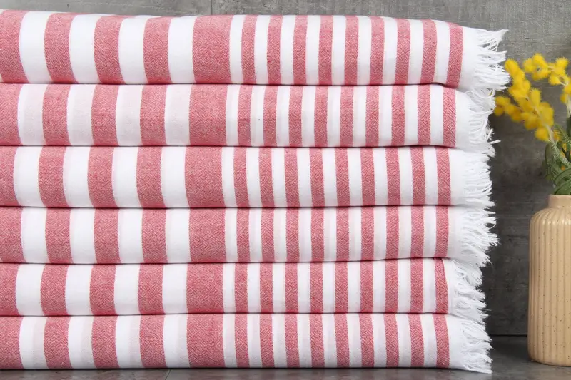 Organic Beach Towel Turkish Cotton Red Stripes Beige, 40x65 Inches