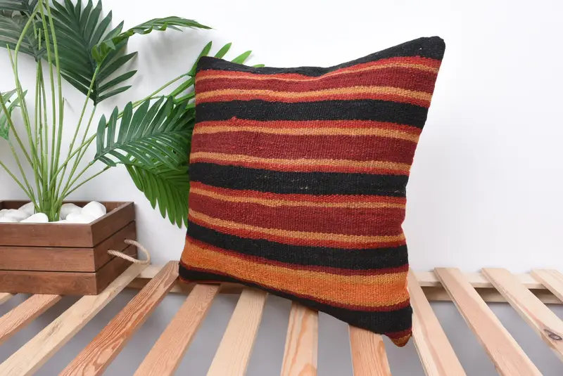 Vintage Kilim Throw Pillow, Pillow, Turkish Pillow, Antique Pillows, Handwoven Pillow Case, Customized Cushion, 18x18 Red Pillow Cover - 5