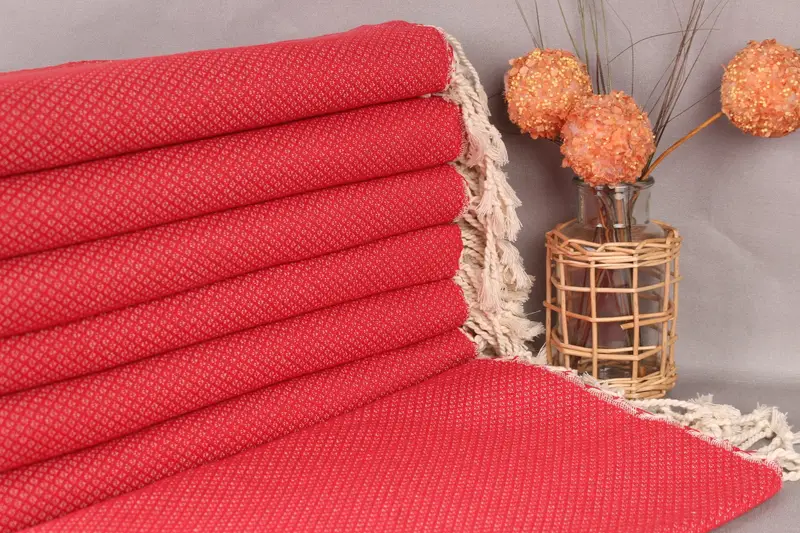 Geometric Towel Handmade Red Cotton, 38x63 Inches