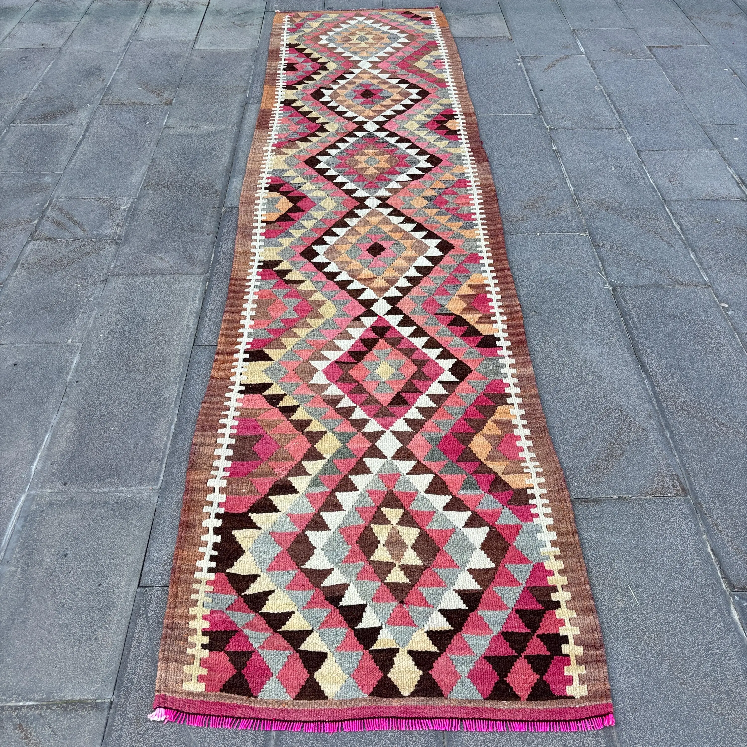 Turkish Rug, 2.8x11.8 ft Vintage Rug, Brown Pink Floral Wool Rug - 1