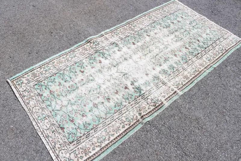 Oushak Halı, 3.2x6.6 ft Vintage Halı, Mavi Kareli Halı Yün - 1