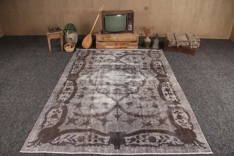 Vintage 6.7x9.3 ft Halı, Büyük Türk Halısı, Gri Patchwork Yün Halı - 1
