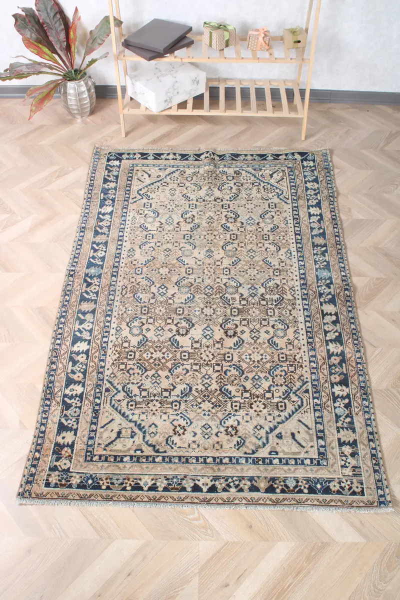 Vintage Türk Halısı, 4.1x6.4 ft Alan Halısı, Mavi Kahverengi Çiçekli Halı - 1