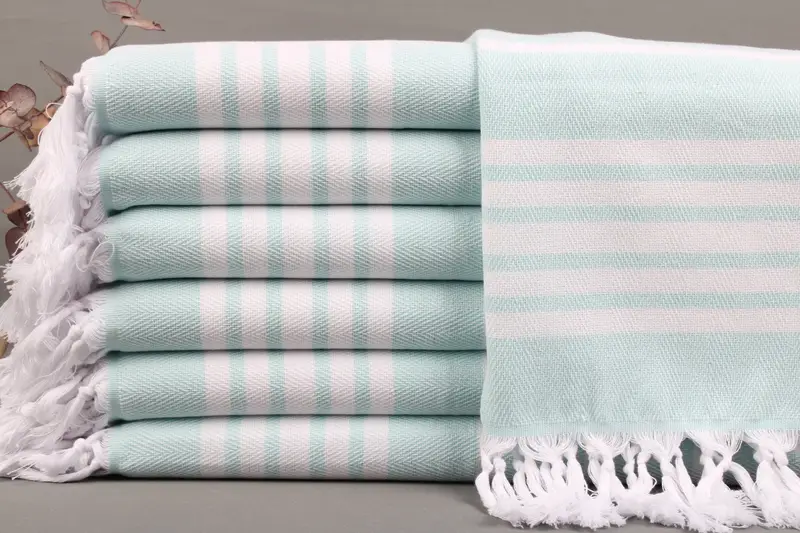 Turkish Hand Towel Mint, Beige Stripes, Organic Cotton, 20x40 Inches