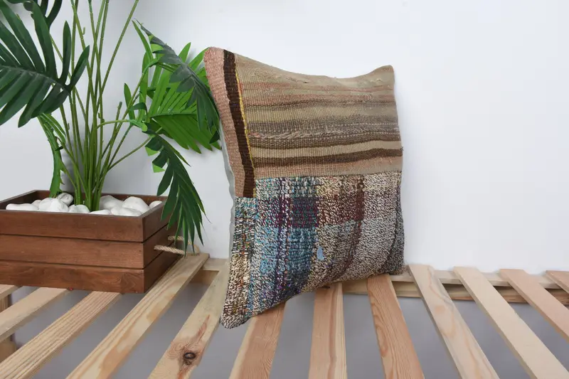 Handmade Rug Seat Pillow Case, Interior Designer Pillow, Vintage Kilim Throw Pillow, Pillow Case, 16x16 Brown Pillow Case, Handmade Kilim Cushion - 4