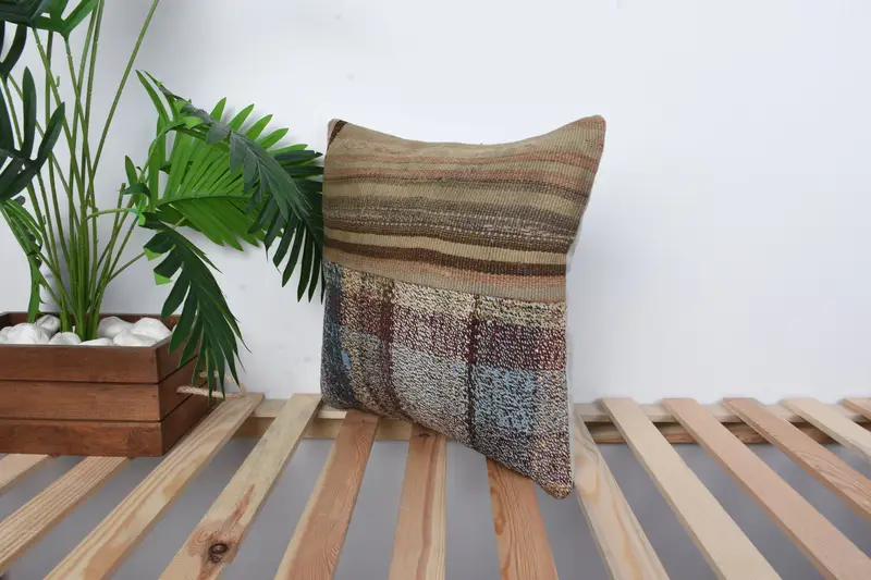 Handmade Rug Seat Pillow Case, Interior Designer Pillow, Vintage Kilim Throw Pillow, Pillow Case, 16x16 Brown Pillow Case, Handmade Kilim Cushion - 5