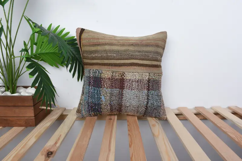 Handmade Rug Seat Pillow Case, Interior Designer Pillow, Vintage Kilim Throw Pillow, Pillow Case, 16x16 Brown Pillow Case, Handmade Kilim Cushion - 1