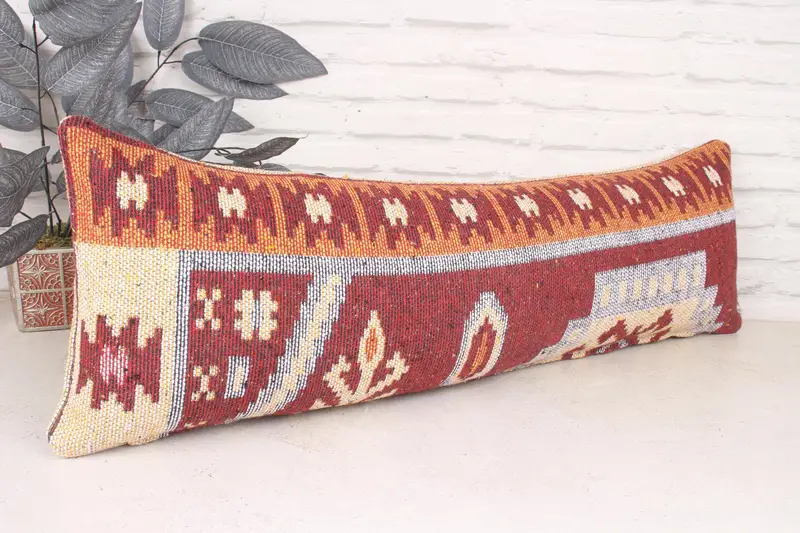 Ethnical Kilim Rug Pillow, 12x36 Red Pillow Case, Bright Pillow Cover, Gift Pillow, Pillow Cover, Vintage Throw Cushion Cover, Throw Kilim Pillow - 3