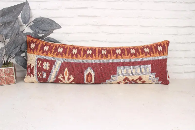 Ethnical Kilim Rug Pillow, 12x36 Red Pillow Case, Bright Pillow Cover, Gift Pillow, Pillow Cover, Vintage Throw Cushion Cover, Throw Kilim Pillow - 1