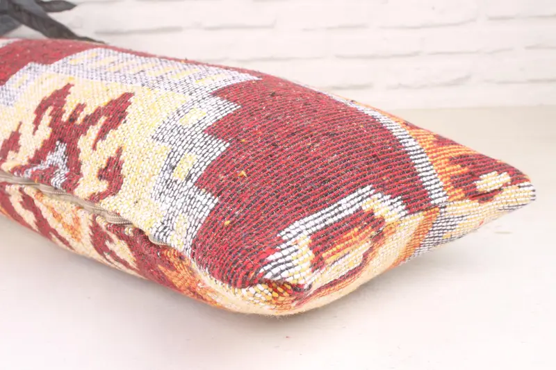 Ethnical Kilim Rug Pillow, 12x36 Red Pillow Case, Bright Pillow Cover, Gift Pillow, Pillow Cover, Vintage Throw Cushion Cover, Throw Kilim Pillow - 6