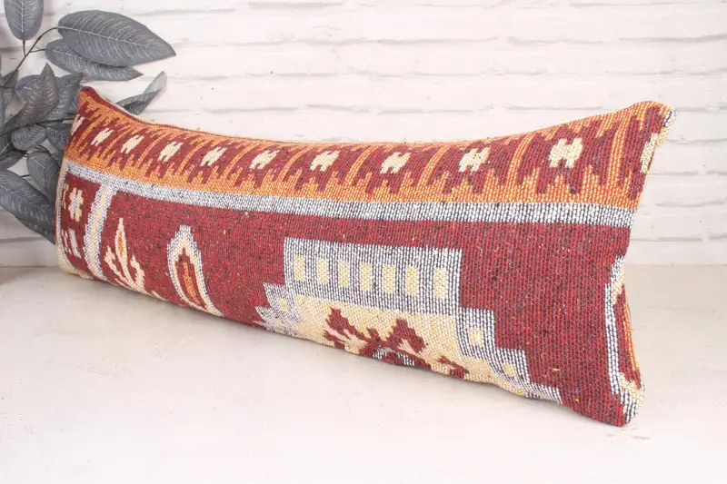 Ethnical Kilim Rug Pillow, 12x36 Red Pillow Case, Bright Pillow Cover, Gift Pillow, Pillow Cover, Vintage Throw Cushion Cover, Throw Kilim Pillow - 4