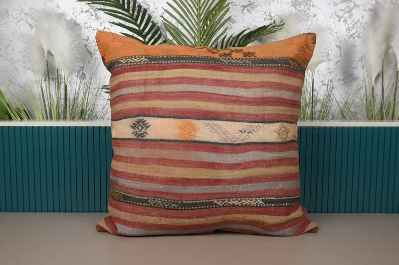 Rot & Orange gestreiftes Kissen, besticktes Vintage Kissen