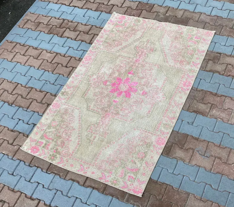 エレガントなベージュ&ブルーラグ、4.3x7.1フィート花柄&幾何学模様