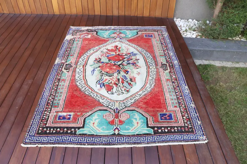 4.5x6 ft Vintage Rug, Turkish Area Rug, Red Blue Polka dot Rug - 1