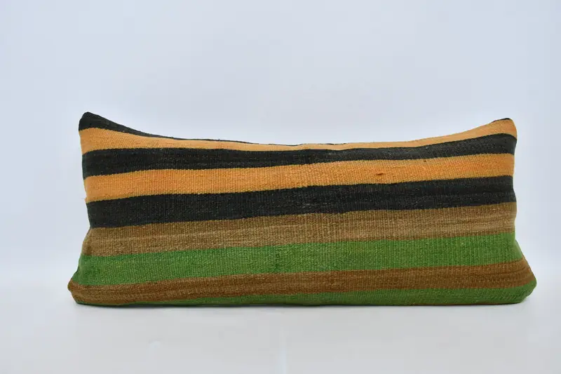 Decorative Throw Cushion, Handmade Kilim Cushion, Turkish Pillow, Colorful Pillow Case, Ethnical Kilim Rug Pillow, 16x36 Green Pillow, Pillow Cover - 1