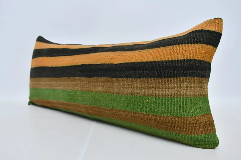 Decorative Throw Cushion, Handmade Kilim Cushion, Turkish Pillow, Colorful Pillow Case, Ethnical Kilim Rug Pillow, 16x36 Green Pillow, Pillow Cover - 4