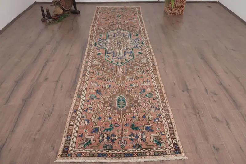 Turkish 3x11.4 ft Rug, Runner Vintage Rug, Brown Floral Wool Rug - 1