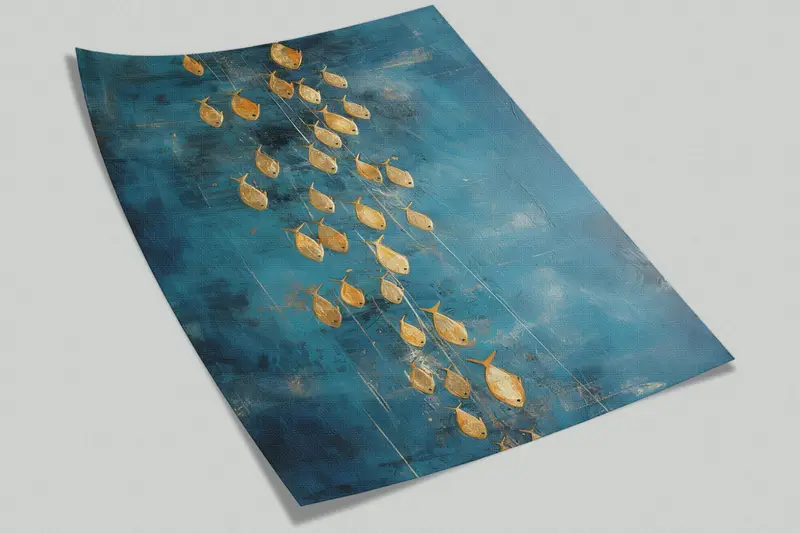 Accent Wall, Wallpaper Peel And Stick, Golden Fish Wall Poster, Gold Paper Art, Animal Wall Decals, Blue Wall Art, Self Adhesive Paper, - 9