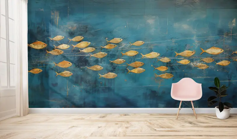 Accent Wall, Wallpaper Peel And Stick, Golden Fish Wall Poster, Gold Paper Art, Animal Wall Decals, Blue Wall Art, Self Adhesive Paper, - 1
