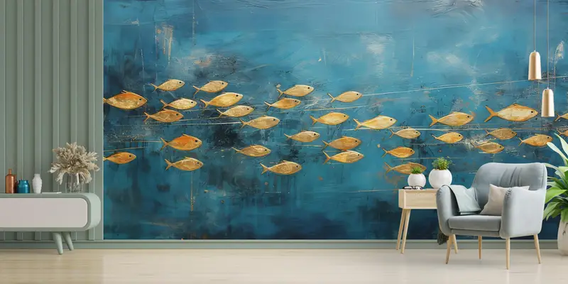 Accent Wall, Wallpaper Peel And Stick, Golden Fish Wall Poster, Gold Paper Art, Animal Wall Decals, Blue Wall Art, Self Adhesive Paper, - 6