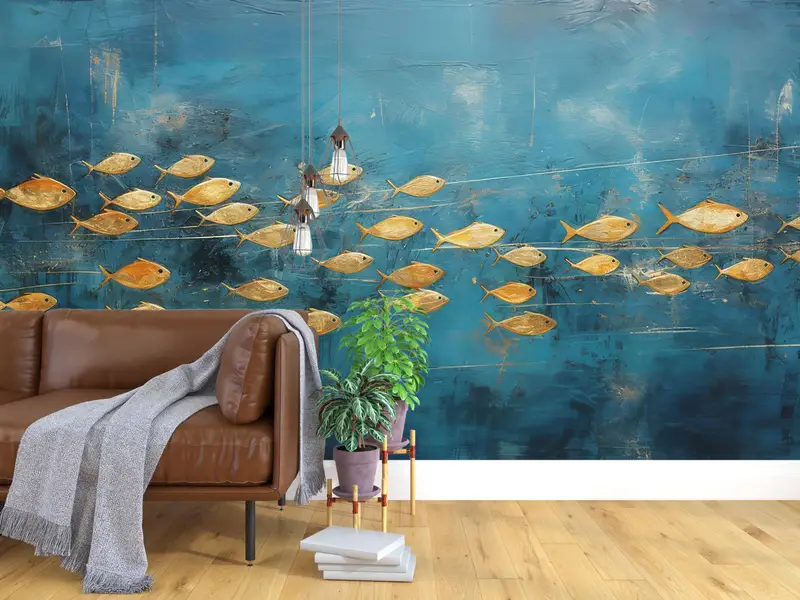 Accent Wall, Wallpaper Peel And Stick, Golden Fish Wall Poster, Gold Paper Art, Animal Wall Decals, Blue Wall Art, Self Adhesive Paper, - 2