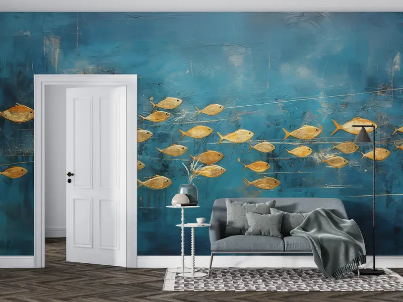 Accent Wall, Wallpaper Peel And Stick, Golden Fish Wall Poster, Gold Paper Art, Animal Wall Decals, Blue Wall Art, Self Adhesive Paper, - 3