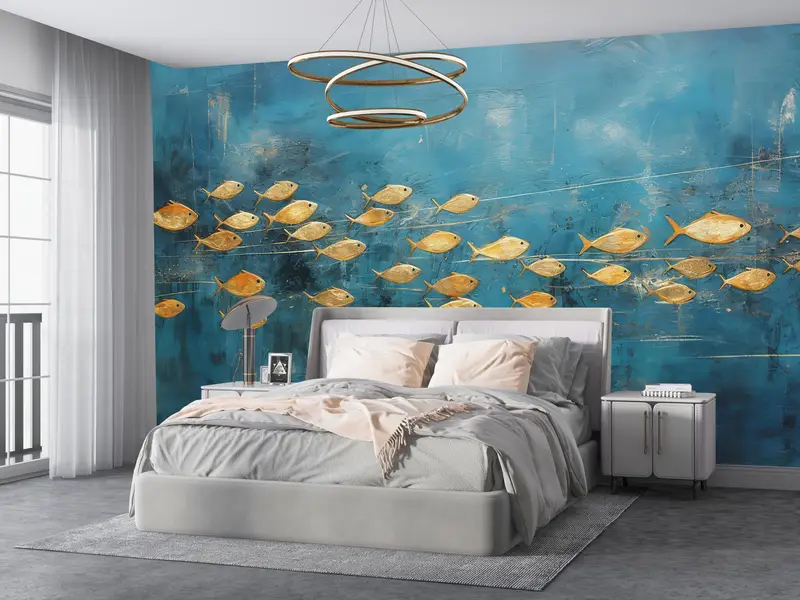 Accent Wall, Wallpaper Peel And Stick, Golden Fish Wall Poster, Gold Paper Art, Animal Wall Decals, Blue Wall Art, Self Adhesive Paper, - 8