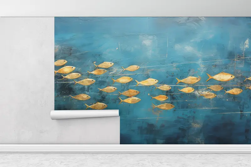 Accent Wall, Wallpaper Peel And Stick, Golden Fish Wall Poster, Gold Paper Art, Animal Wall Decals, Blue Wall Art, Self Adhesive Paper, - 5