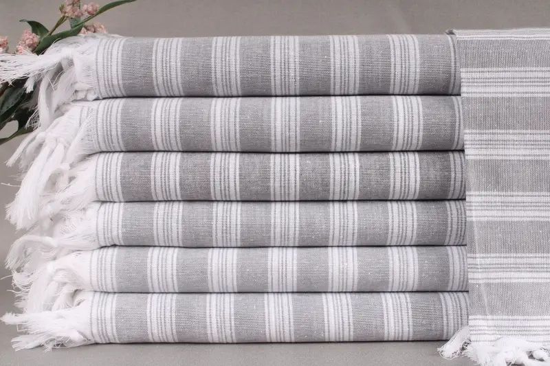 Personalized Gray Striped Cotton Beach Towel, Beige, 71x40 Inches